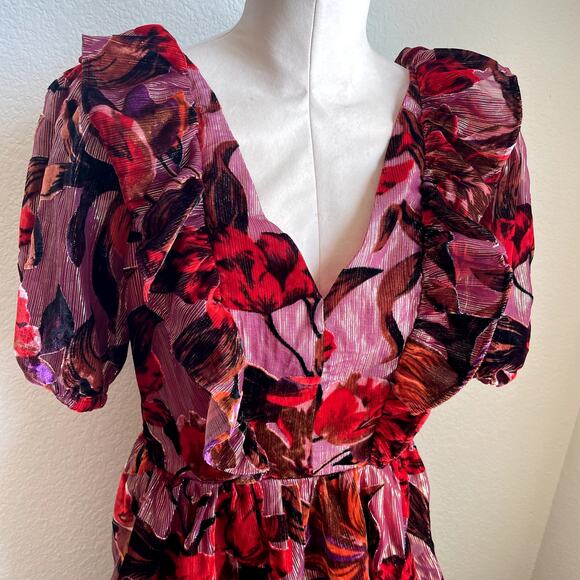 Adelyn Rae Khalia Burnout Red gold Velvet ruffle dress Mini Dress Womens Medium - Picture 4 of 12